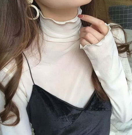 トップス 小さいサイズ モテアイテム シャツ 長袖 ハイネック スリム 細身 スマート フリル 薄手 無地 春 秋 10代 20代 30代 40代 レディース 女性用 OL 通勤 学生 通学 デート