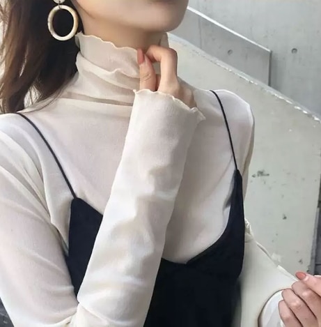 トップス 小さいサイズ モテアイテム シャツ 長袖 ハイネック スリム 細身 スマート フリル 薄手 無地 春 秋 10代 20代 30代 40代 レディース 女性用 OL 通勤 学生 通学 デート