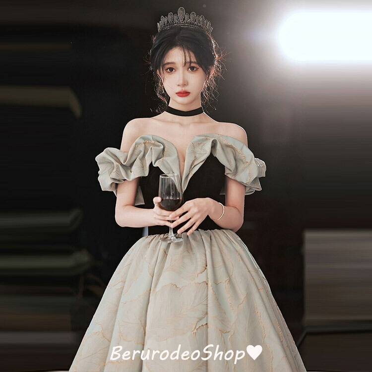 イブニングドレス オフショルダー 発表会ドレス ロングドレス 黒 グレー 配色 オシャレ パーティードレス 20代 30代 エレガント 結婚式ドレス 二次会ドレス お呼ばれドレス 40代