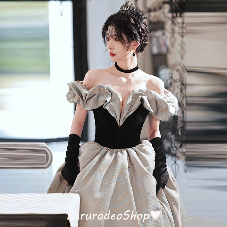 イブニングドレス オフショルダー 発表会ドレス ロングドレス 黒 グレー 配色 オシャレ パーティードレス 20代 30代 エレガント 結婚式ドレス 二次会ドレス お呼ばれドレス 40代
