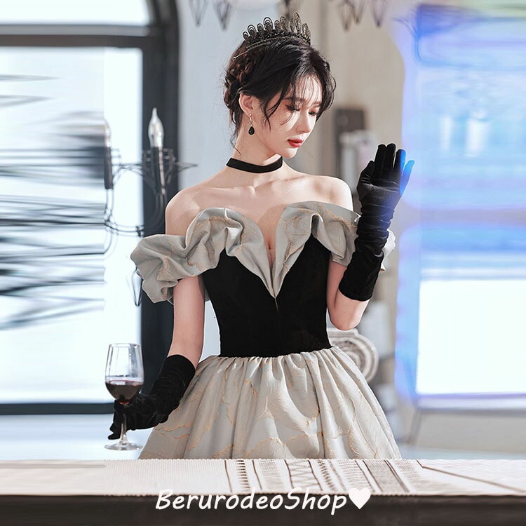 イブニングドレス オフショルダー 発表会ドレス ロングドレス 黒 グレー 配色 オシャレ パーティードレス 20代 30代 エレガント 結婚式ドレス 二次会ドレス お呼ばれドレス 40代