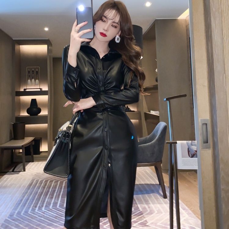 レザー フェイクレザー セクシー ワンピース ひざ丈 SXL