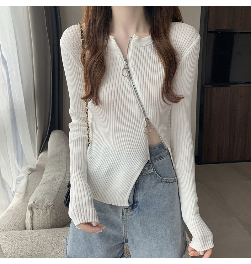 レディース トップス ニット セーター アシンメトリー 長袖 Uネック ラウンドネック タイト スリム 細身 フェミニン ストリート ファスナー かわいい 大人可愛い シンプル おしゃれ かっこいい