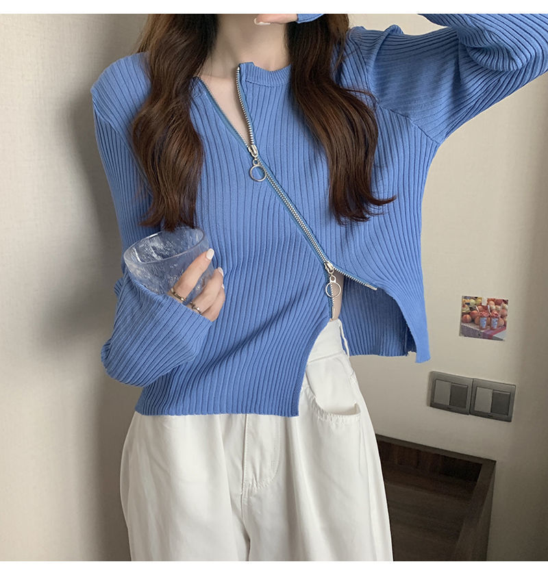 レディース トップス ニット セーター アシンメトリー 長袖 Uネック ラウンドネック タイト スリム 細身 フェミニン ストリート ファスナー かわいい 大人可愛い シンプル おしゃれ かっこいい