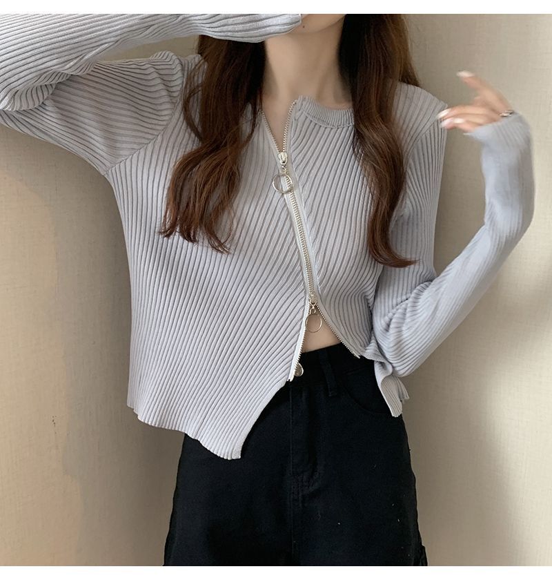 レディース トップス ニット セーター アシンメトリー 長袖 Uネック ラウンドネック タイト スリム 細身 フェミニン ストリート ファスナー かわいい 大人可愛い シンプル おしゃれ かっこいい