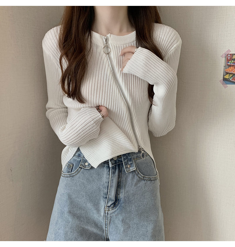 レディース トップス ニット セーター アシンメトリー 長袖 Uネック ラウンドネック タイト スリム 細身 フェミニン ストリート ファスナー かわいい 大人可愛い シンプル おしゃれ かっこいい