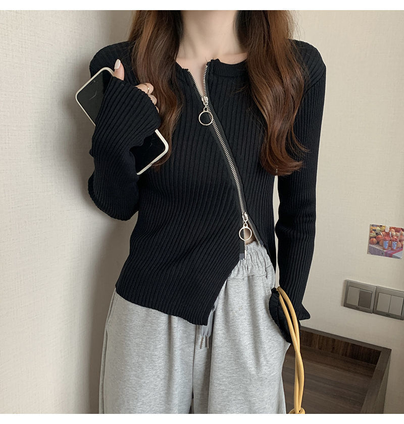 レディース トップス ニット セーター アシンメトリー 長袖 Uネック ラウンドネック タイト スリム 細身 フェミニン ストリート ファスナー かわいい 大人可愛い シンプル おしゃれ かっこいい