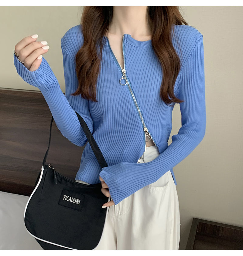 レディース トップス ニット セーター アシンメトリー 長袖 Uネック ラウンドネック タイト スリム 細身 フェミニン ストリート ファスナー かわいい 大人可愛い シンプル おしゃれ かっこいい