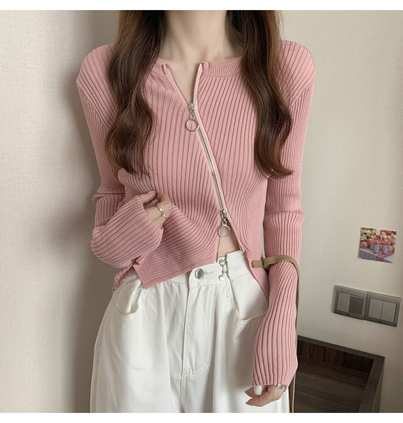 レディース トップス ニット セーター アシンメトリー 長袖 Uネック ラウンドネック タイト スリム 細身 フェミニン ストリート ファスナー かわいい 大人可愛い シンプル おしゃれ かっこいい