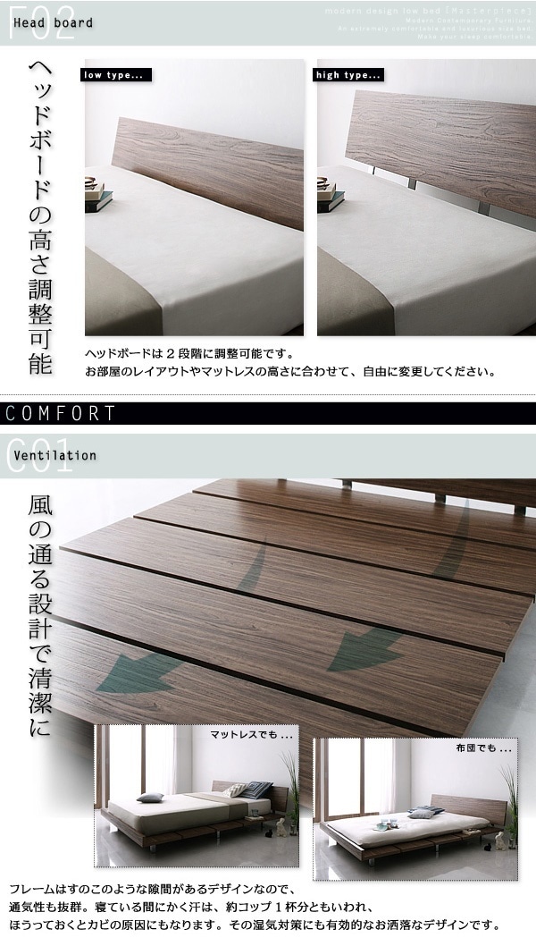 [組立設置付]ローベッド [マスターピース] プレミアムボンネルコイルマットレス付 フルレイアウト キング(Kx1) フレーム幅180 [マットレス]黒