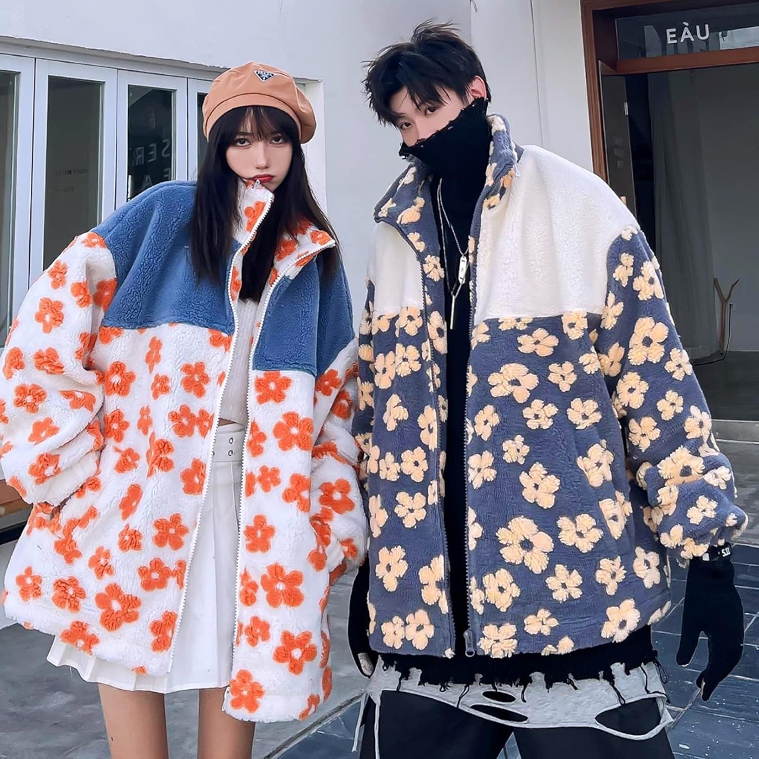 すリースジャケット ボアコート ジャンパー 花柄 フルジップ レディース メンズ ペア服 秋冬服 アウター 韓国風 ファッション カジュアル 中綿 アウター パーカー ウインドブレーカー ピ