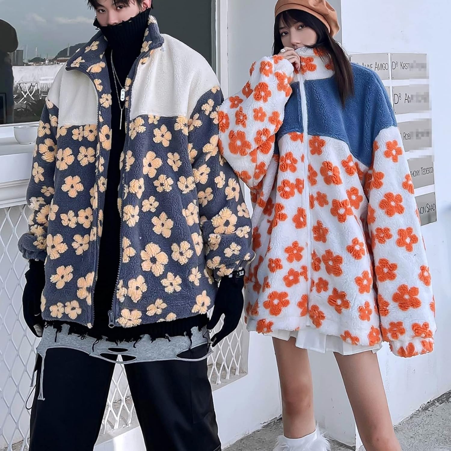 すリースジャケット ボアコート ジャンパー 花柄 フルジップ レディース メンズ ペア服 秋冬服 アウター 韓国風 ファッション カジュアル 中綿 アウター パーカー ウインドブレーカー ピ