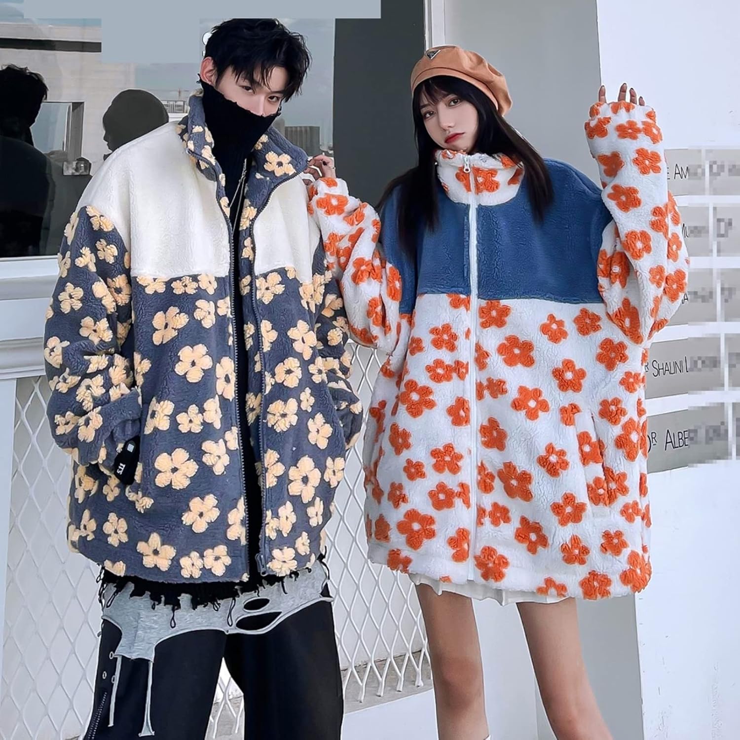 すリースジャケット ボアコート ジャンパー 花柄 フルジップ レディース メンズ ペア服 秋冬服 アウター 韓国風 ファッション カジュアル 中綿 アウター パーカー ウインドブレーカー ピ