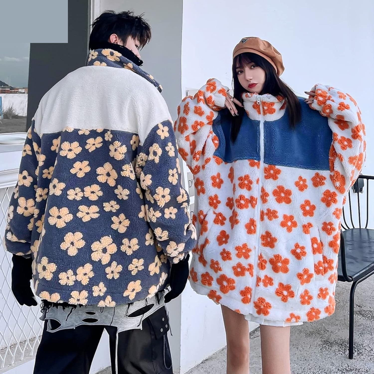 すリースジャケット ボアコート ジャンパー 花柄 フルジップ レディース メンズ ペア服 秋冬服 アウター 韓国風 ファッション カジュアル 中綿 アウター パーカー ウインドブレーカー ピ
