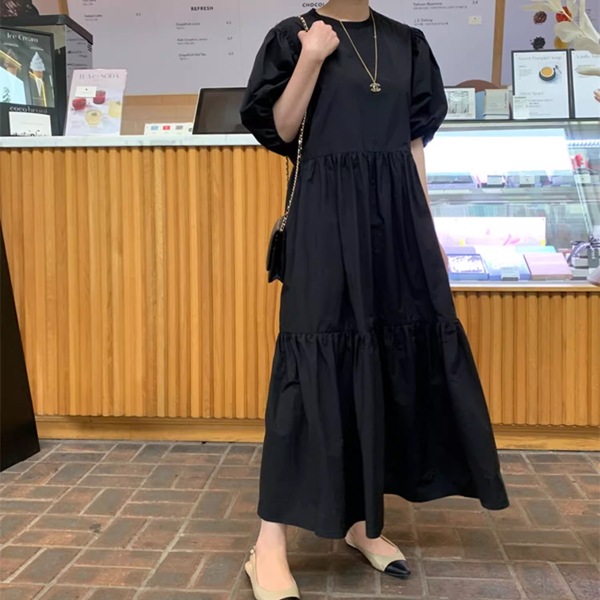 レディース ワンピース ドレス ロング パフスリーブ ラウンドネック ワイド フレア Aライン プリーツステッチ ギャザー 綿 大人可愛い シンプル 上品 エレガント 清潔感 オフィスカジュアル レディース ワンピース ドレス ロング パフスリーブ ラウンドネック ワイド フレア Aライン プリーツステッチ ギャザー 綿 大人可愛い シンプル 上品 エレガント 清潔感 オフィスカジュアル