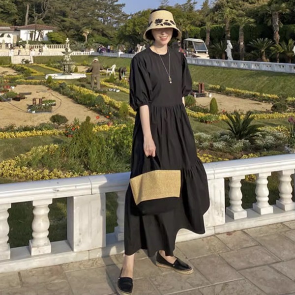 レディース ワンピース ドレス ロング パフスリーブ ラウンドネック ワイド フレア Aライン プリーツステッチ ギャザー 綿 大人可愛い シンプル 上品 エレガント 清潔感 オフィスカジュアル レディース ワンピース ドレス ロング パフスリーブ ラウンドネック ワイド フレア Aライン プリーツステッチ ギャザー 綿 大人可愛い シンプル 上品 エレガント 清潔感 オフィスカジュアル