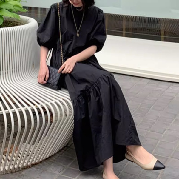 レディース ワンピース ドレス ロング パフスリーブ ラウンドネック ワイド フレア Aライン プリーツステッチ ギャザー 綿 大人可愛い シンプル 上品 エレガント 清潔感 オフィスカジュアル レディース ワンピース ドレス ロング パフスリーブ ラウンドネック ワイド フレア Aライン プリーツステッチ ギャザー 綿 大人可愛い シンプル 上品 エレガント 清潔感 オフィスカジュアル