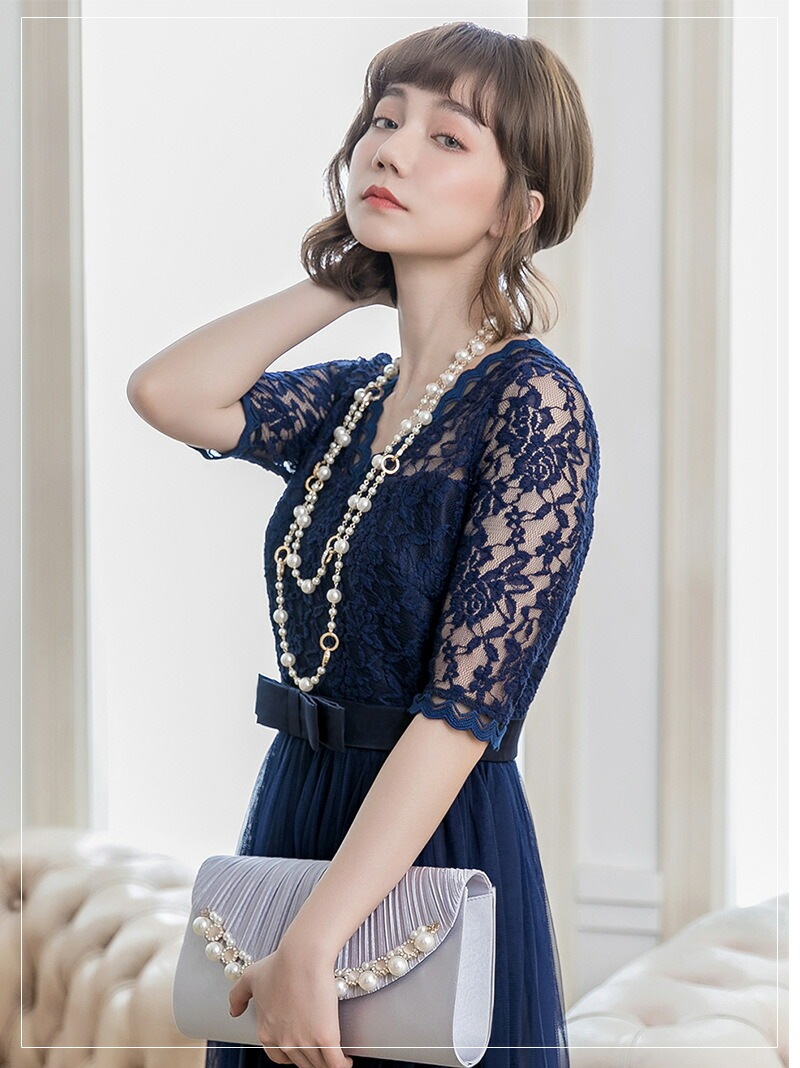 パーティードレス ワンピース 結婚式 レース チュール ロング