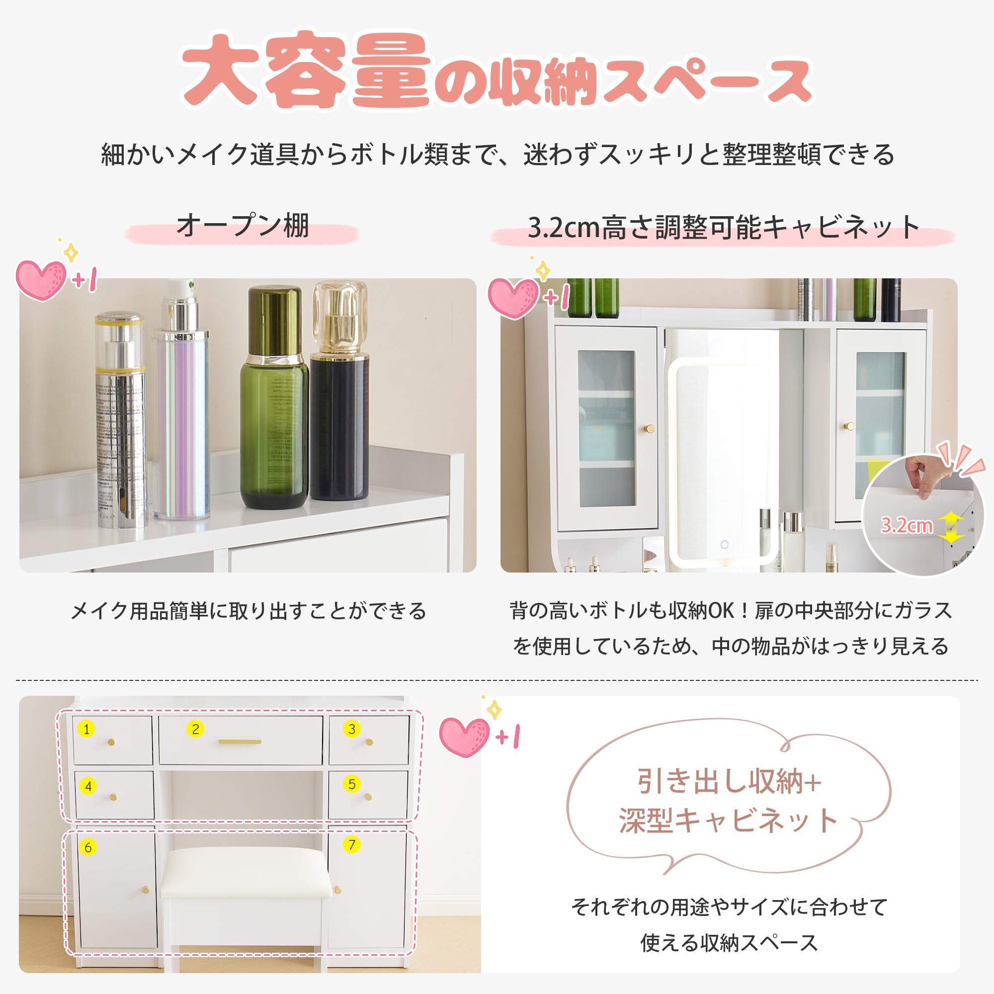 【国内発送】ドレッサー 化粧台 テーブル 鏡台 コンセント付き ライト付き 3色LED 女優ミラー 引き出し 収納 椅子 セット サイド収納 メイク台 シンプル 大容量 可愛い