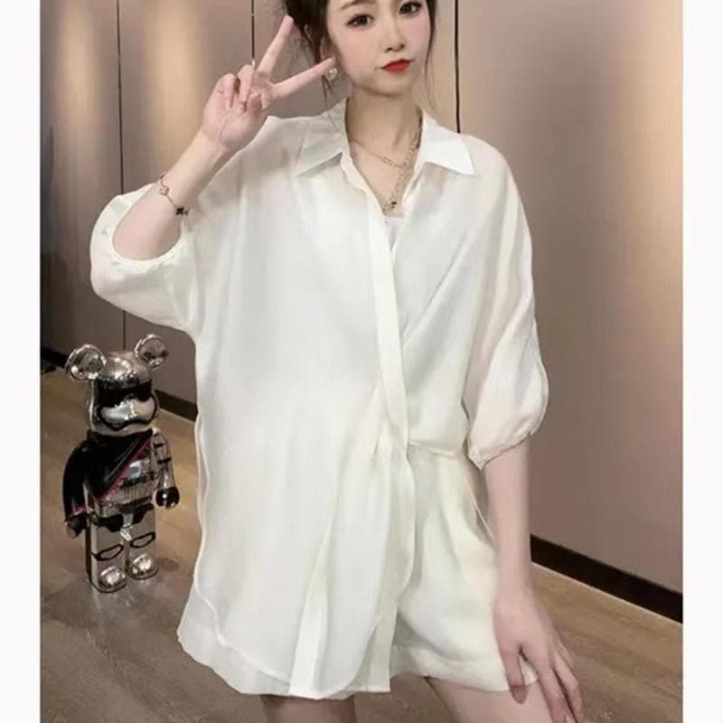 【新品追加】超薄純色シンプルなオープンシャツ女性のワイドパンツ2点セットカジュアルファッション涼しく楽ちんセットアップYXL0290 【新品追加】超薄純色シンプルなオープンシャツ女性のワイドパンツ2点セットカジュアルファッション涼しく楽ちんセットアップYXL0290