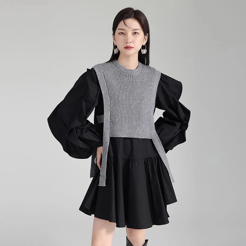 春秋冬 二点セット トップス 長袖 ブラウス ランタン袖 レディース 着痩せ おしゃれ ZHCH16