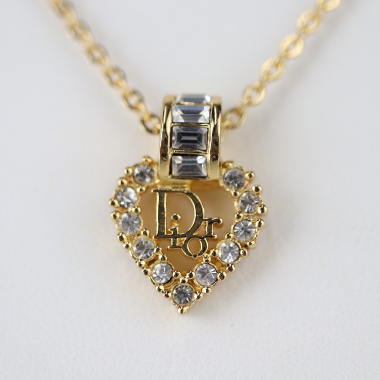 超美品 Christian Dior クリスチャンディオール ネックレス - ロゴ ハート メタル ラインストーン ゴールド ラインストーン 本物保証 中古