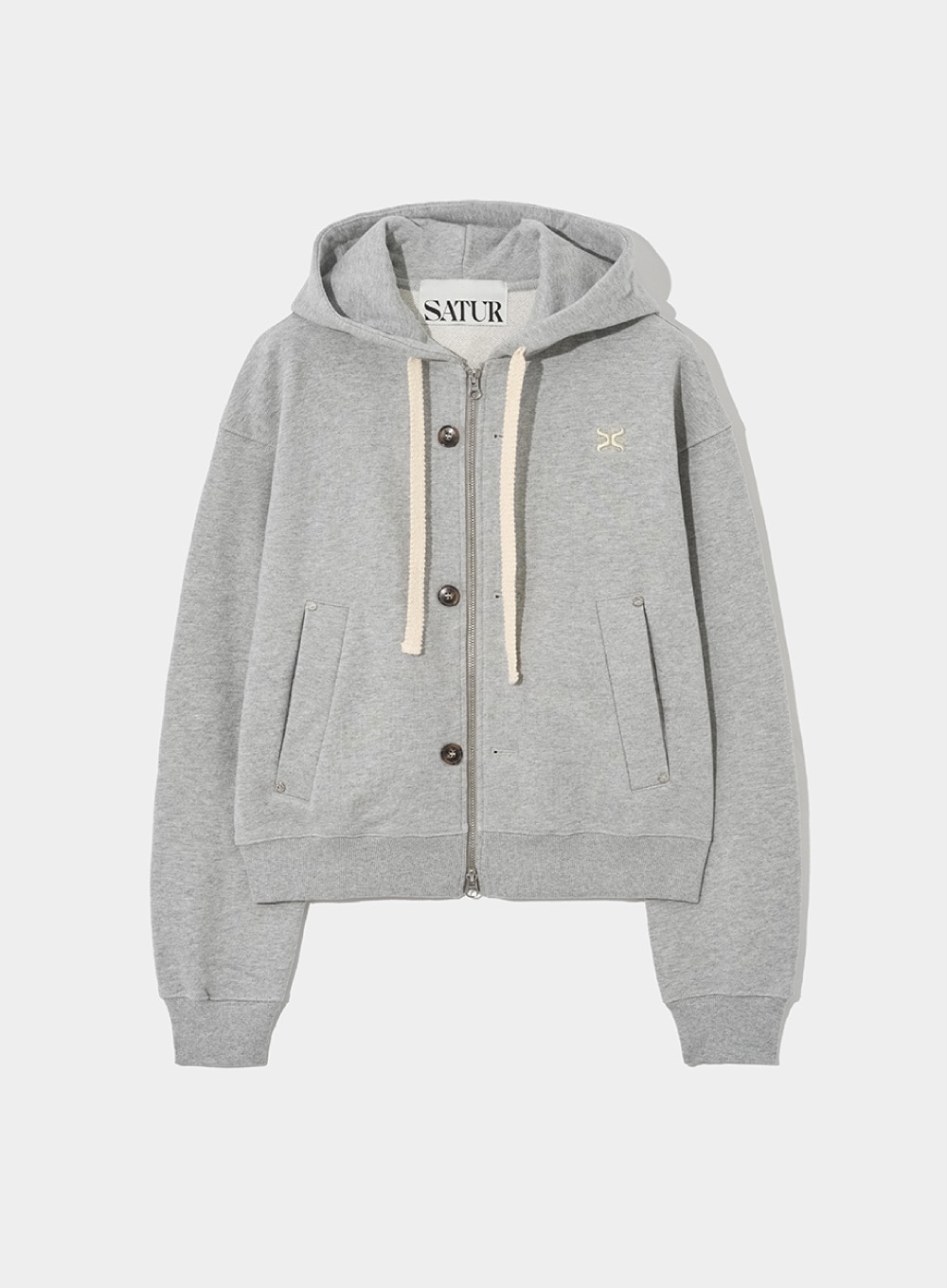 SATUR】 (W) TEO COTTON ALL DAY HOOD ZIP-UP : MELANGE GRAY