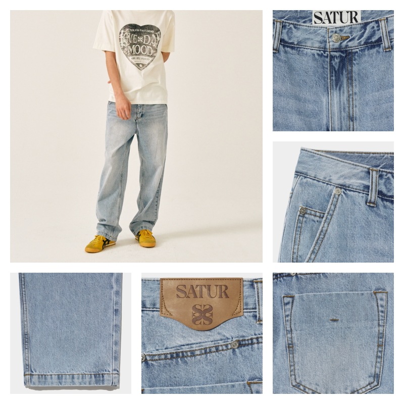 【SATUR】Tapered Relaxed Washed Denim Pants - Light Blue SATUR】 TAPERED RELAXED WASHED DENIM PANTS : クールで