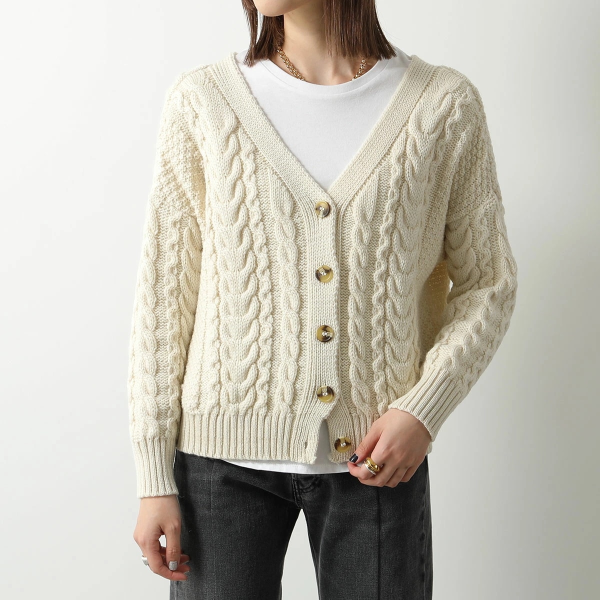 Oldderby Knitwear オールドダービーニットウェア カーディガン JM4001 レディース ニット Vネック 長袖 ウール ケーブル編み カラー3色