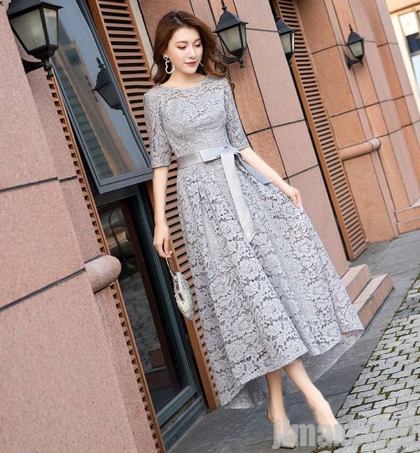 パーティードレス ロングドレス 五分袖 レディース 結婚式 ドレス 二次会 パーティードレス 披露宴 レース ワンピース 謝恩会 発表会 演奏会 ピンク スカイブルー グレー