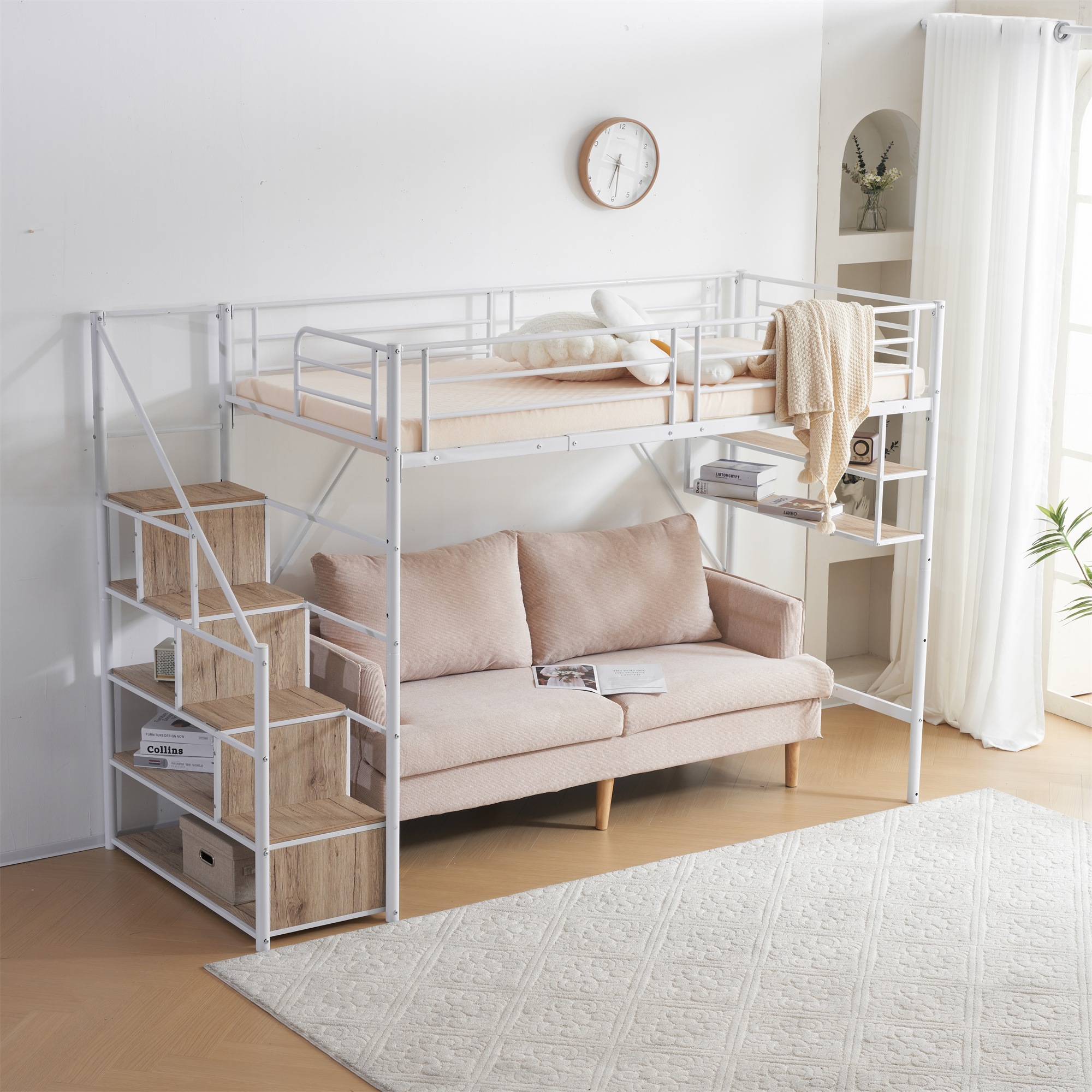 新作 ホワイト　ロフトベッド 片側手すり付き 収納付き パイプベッド 新作 ホワイト ロフトベッド 片側手すり付き 収納付き パイプベッド