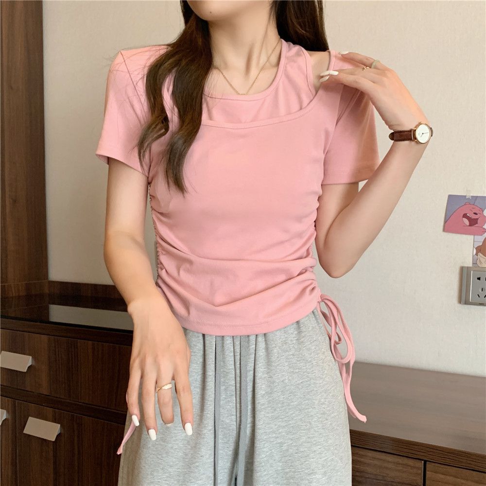 Tシャツコレクション ロングスリーブトップス 韓国ファッション 夏のツーピースtシャツスリムドローストリング女性のための短袖のトップ Tシャツコレクション ロングスリーブトップス 韓国ファッション 夏のツーピースtシャツスリムドローストリング女性のための短袖のトップ