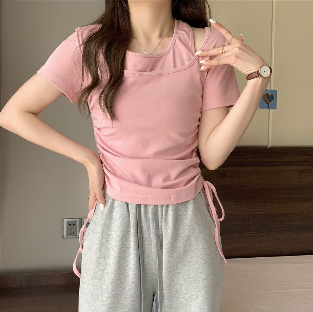 Tシャツコレクション ロングスリーブトップス 韓国ファッション 夏のツーピースtシャツスリムドローストリング女性のための短袖のトップ Tシャツコレクション ロングスリーブトップス 韓国ファッション 夏のツーピースtシャツスリムドローストリング女性のための短袖のトップ