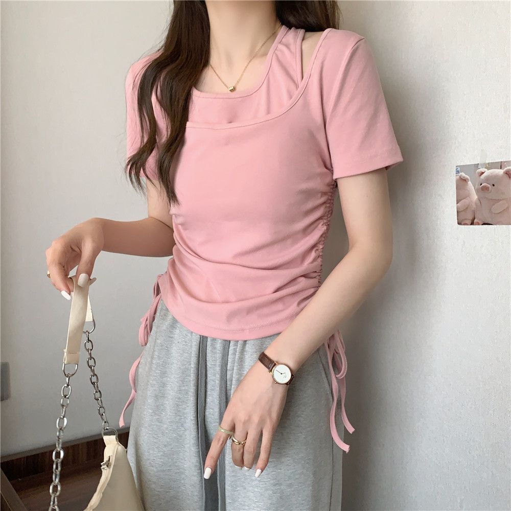 Tシャツコレクション ロングスリーブトップス 韓国ファッション 夏のツーピースtシャツスリムドローストリング女性のための短袖のトップ Tシャツコレクション ロングスリーブトップス 韓国ファッション 夏のツーピースtシャツスリムドローストリング女性のための短袖のトップ