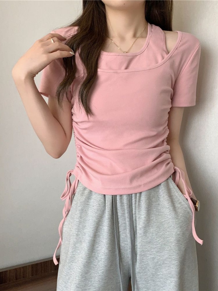 Tシャツコレクション ロングスリーブトップス 韓国ファッション 夏のツーピースtシャツスリムドローストリング女性のための短袖のトップ Tシャツコレクション ロングスリーブトップス 韓国ファッション 夏のツーピースtシャツスリムドローストリング女性のための短袖のトップ
