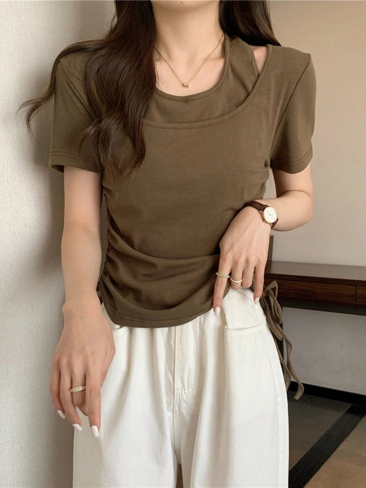 Tシャツコレクション ロングスリーブトップス 韓国ファッション 夏のツーピースtシャツスリムドローストリング女性のための短袖のトップ Tシャツコレクション ロングスリーブトップス 韓国ファッション 夏のツーピースtシャツスリムドローストリング女性のための短袖のトップ