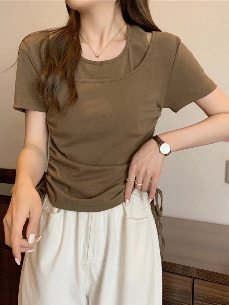 Tシャツコレクション ロングスリーブトップス 韓国ファッション 夏のツーピースtシャツスリムドローストリング女性のための短袖のトップ Tシャツコレクション ロングスリーブトップス 韓国ファッション 夏のツーピースtシャツスリムドローストリング女性のための短袖のトップ