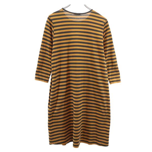 ボーダー柄 7分袖 Tシャツ ワンピース S キャメル×グレー レディース