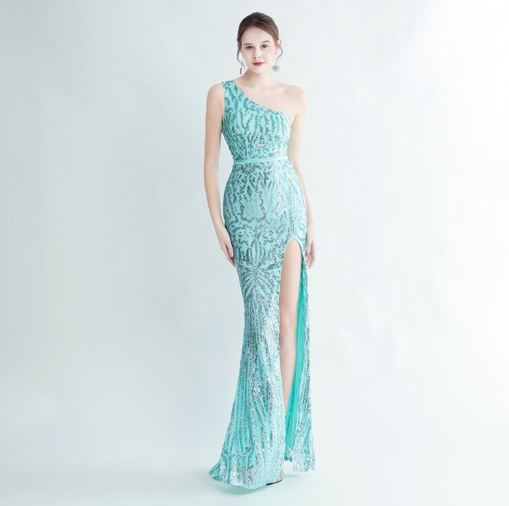 10色お揃い 総スパンコール デザイン刺繍 ワンショルダー ワンピース ドレス 披露宴 二次会 キャバドレス ロングドレス タイトワンピース スリット入り キラキラ イブニングドレス お花嫁 パーティ