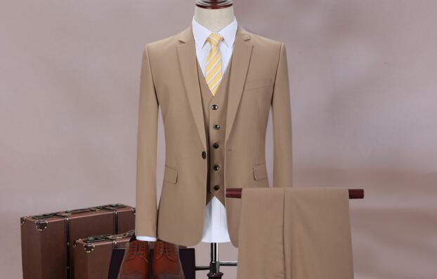 メンズスーツセットアップビジネススーツ3ピーススーツカジュアルl3点セットジャケット+ベスト+パンツ上下セットフォーマルスーツ男性スーツ人気カーキ細身スーツ無地スリムスーツ通勤二次会披露宴パーティー冠