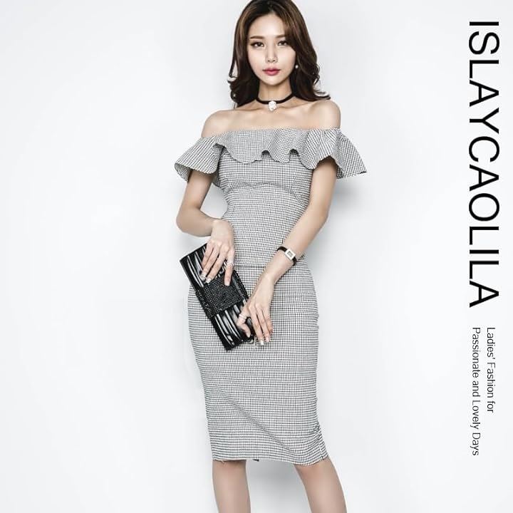 オフショルダー ワンピース フリル タイト ミディ クラブ ドレス ノースリーブ ハイウエスト ひざ丈 レディース EC3(グレー, L) オフショルダー ワンピース フリル タイト ミディ クラブ ドレス ノースリーブ ハイウエスト ひざ丈 レディース EC3(グレー, L)