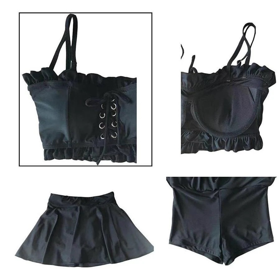 レディース水着ツーピースフレアフリル 編み上げ 胸リボン腰リボン Aライン スカートパンツタイプ温泉海プールスイミングビーチリゾートマリン海水浴休み旅行可愛いセクシー女性ブラック黒色SMLXLサイズ レディース水着ツーピースフレアフリル 編み上げ 胸リボン腰リボン Aライン スカートパンツタイプ温泉海プールスイミングビーチリゾートマリン海水浴休み旅行可愛いセクシー女性ブラック黒色SMLXLサイズ