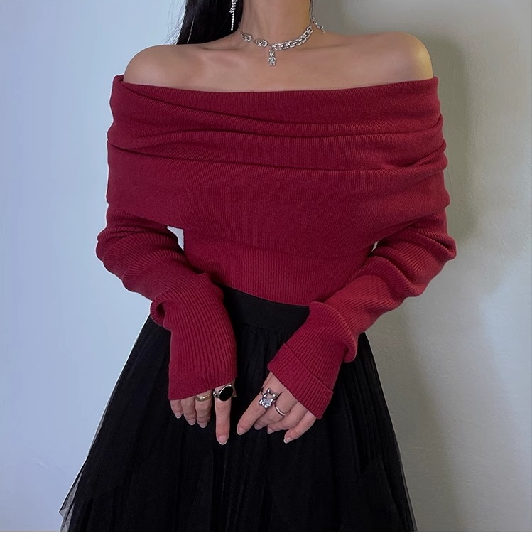 リトル ロック モンスター 秋 冬 レトロ ワンショルダー ワインレッド セーターセクシーなトップ スリム フィット ニット セーター 個性的 トップス ニットソー セーター 袖あり 長袖