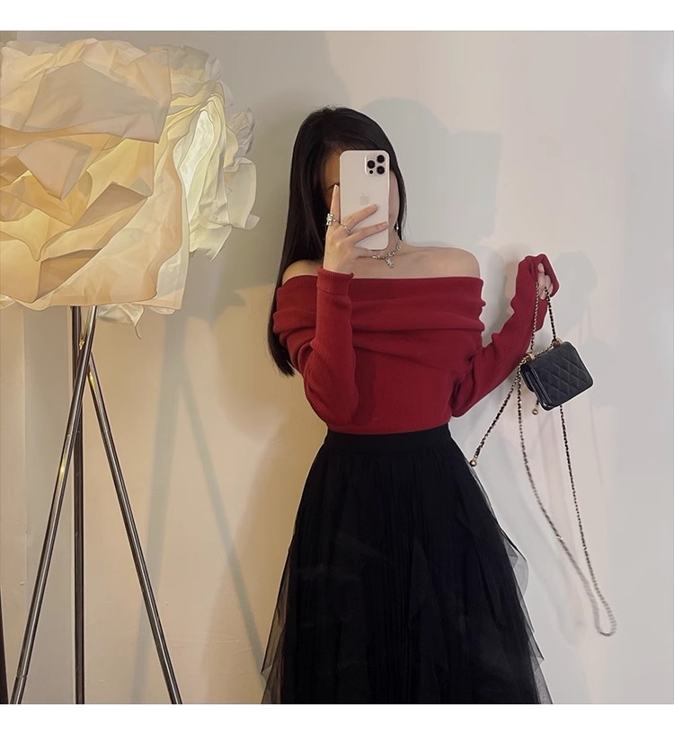 リトル ロック モンスター 秋 冬 レトロ ワンショルダー ワインレッド セーターセクシーなトップ スリム フィット ニット セーター 個性的 トップス ニットソー セーター 袖あり 長袖