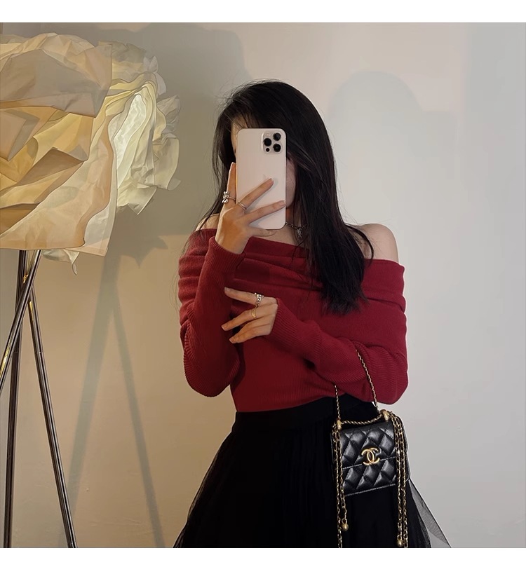 リトル ロック モンスター 秋 冬 レトロ ワンショルダー ワインレッド セーターセクシーなトップ スリム フィット ニット セーター 個性的 トップス ニットソー セーター 袖あり 長袖