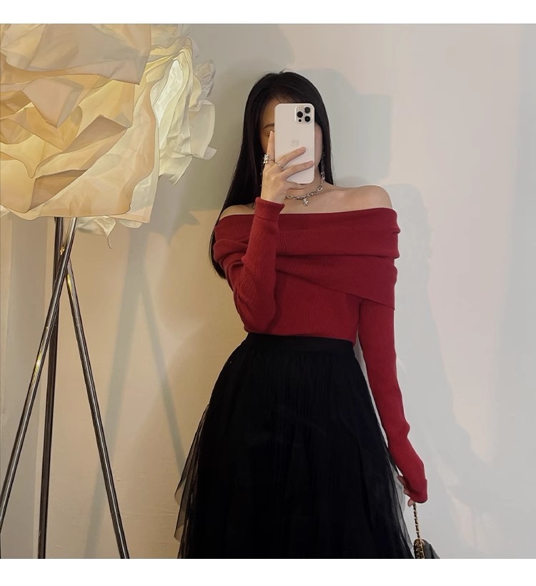 リトル ロック モンスター 秋 冬 レトロ ワンショルダー ワインレッド セーターセクシーなトップ スリム フィット ニット セーター 個性的 トップス ニットソー セーター 袖あり 長袖