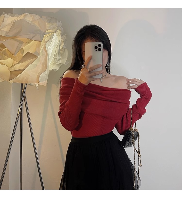リトル ロック モンスター 秋 冬 レトロ ワンショルダー ワインレッド セーターセクシーなトップ スリム フィット ニット セーター 個性的 トップス ニットソー セーター 袖あり 長袖
