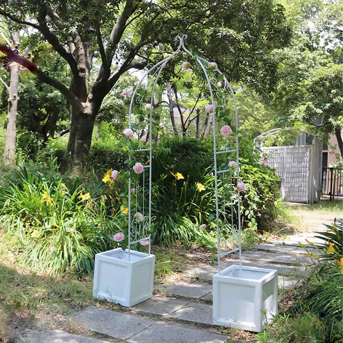 ガーデンアーチ アイアンハーフアーチ ダブル アーチ ハーフ 鉄製アーチ おしゃれ ローズアーチ バルコニーアーチ ガーデニング 目隠し 庭 簡易 アイアン製 薔薇アーチ つるバラ 花立て