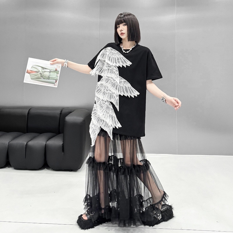 【Noir Mode】立体刺繍 羽 ワンピース 夏 新作 ゆったり ミドル丈 Tシャツ