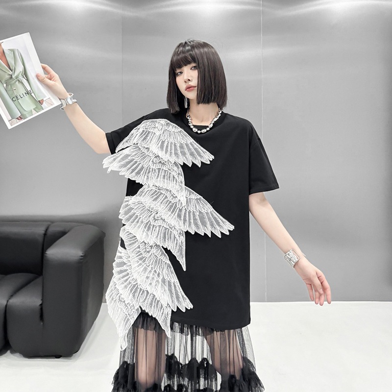 【Noir Mode】立体刺繍 羽 ワンピース 夏 新作 ゆったり ミドル丈 Tシャツ